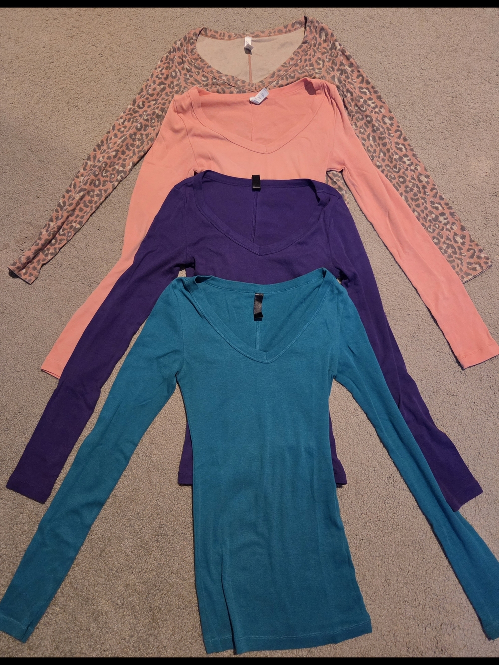 Set Of 4 Long Sleeve V-Neck Top Teal, Purple, Peach & Leopard